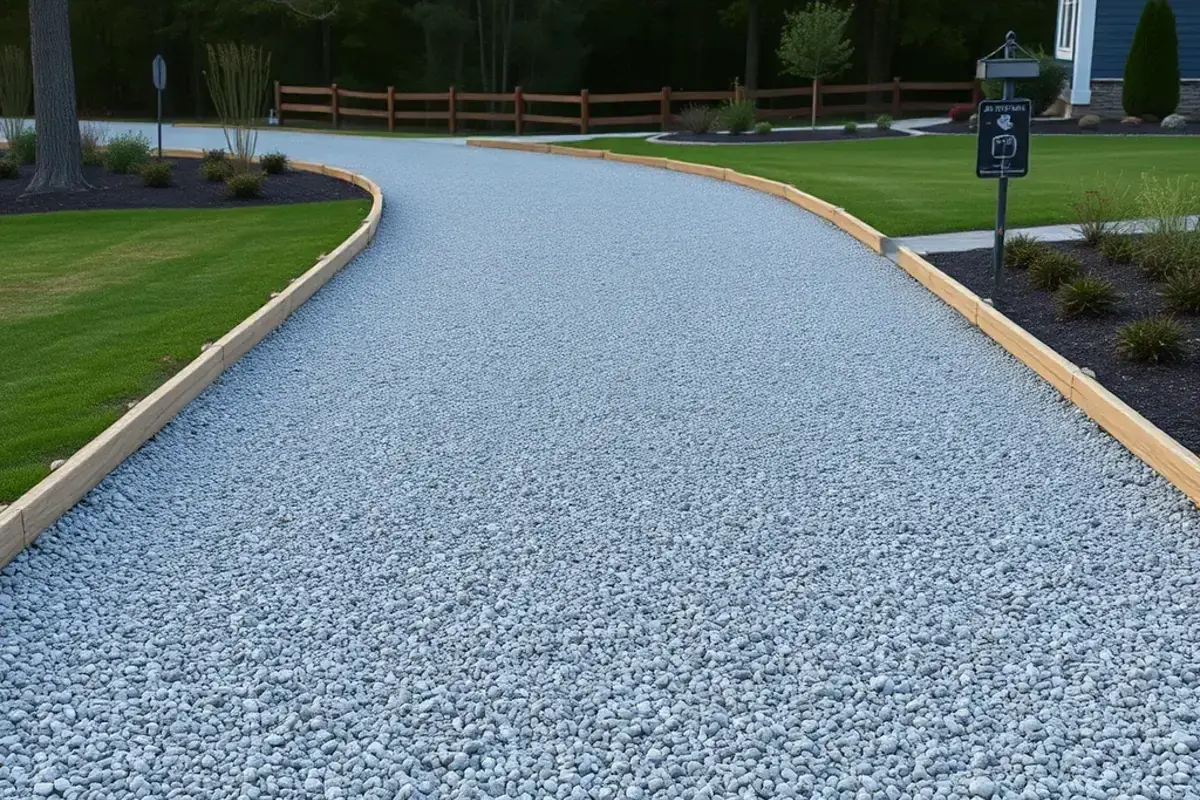 Newly installed crushed stone gravel driveway